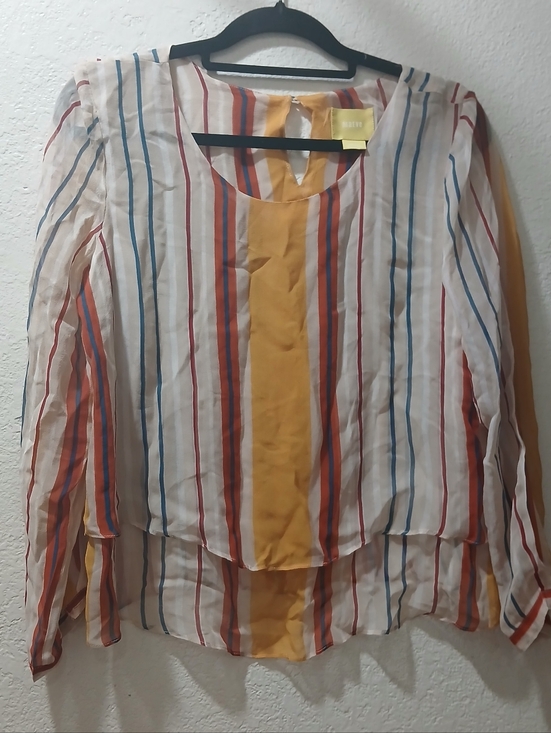 Maeve Tops - Maeve White Tunic with Mustard, Red & Blue Stripes